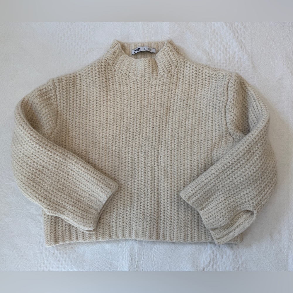 Zara Mock neck Cropped Ivory Wool Blend Sweater Women’s Small S
